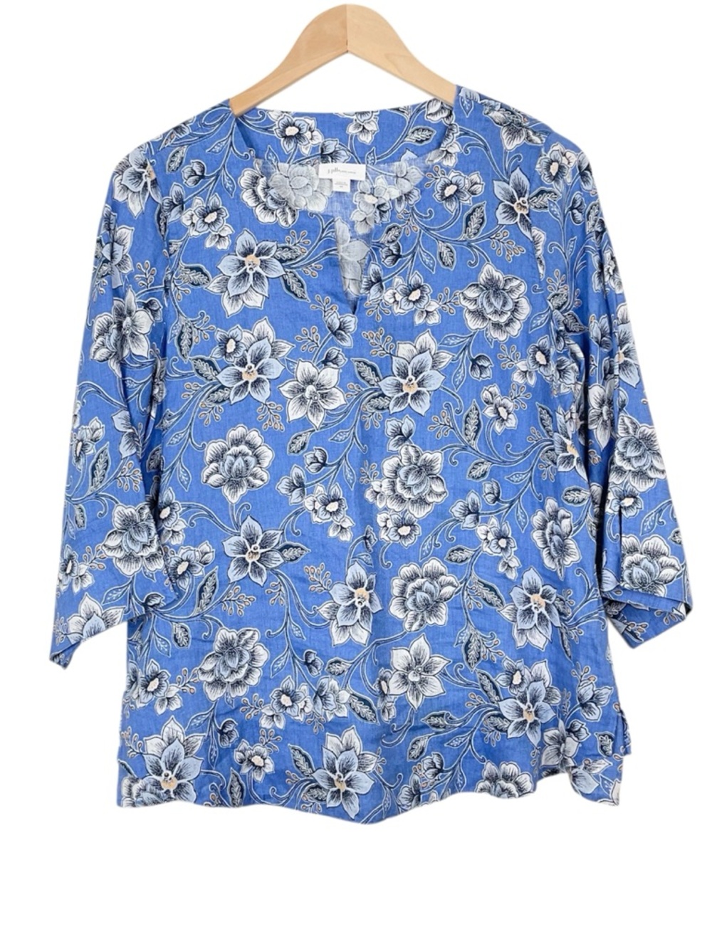 J. Jill Love Linen Blue Floral Top Shirttail Hem Size XS